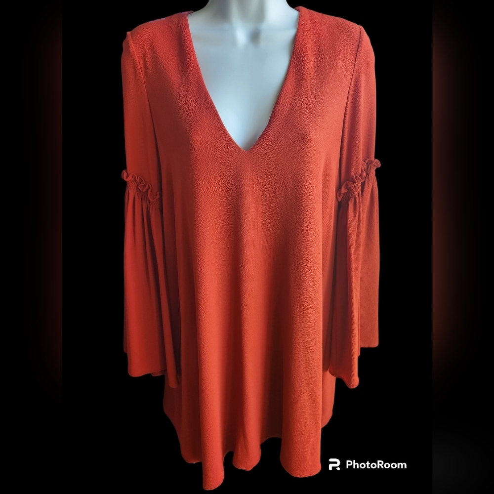 Zara Trafaluc Burnt Orange V Neck Tunic Dress, Bell Sleeve Size S.